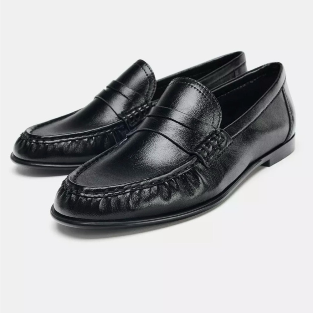 Zara Black Patent Ruching On The Front Style Penny Loafers for Women